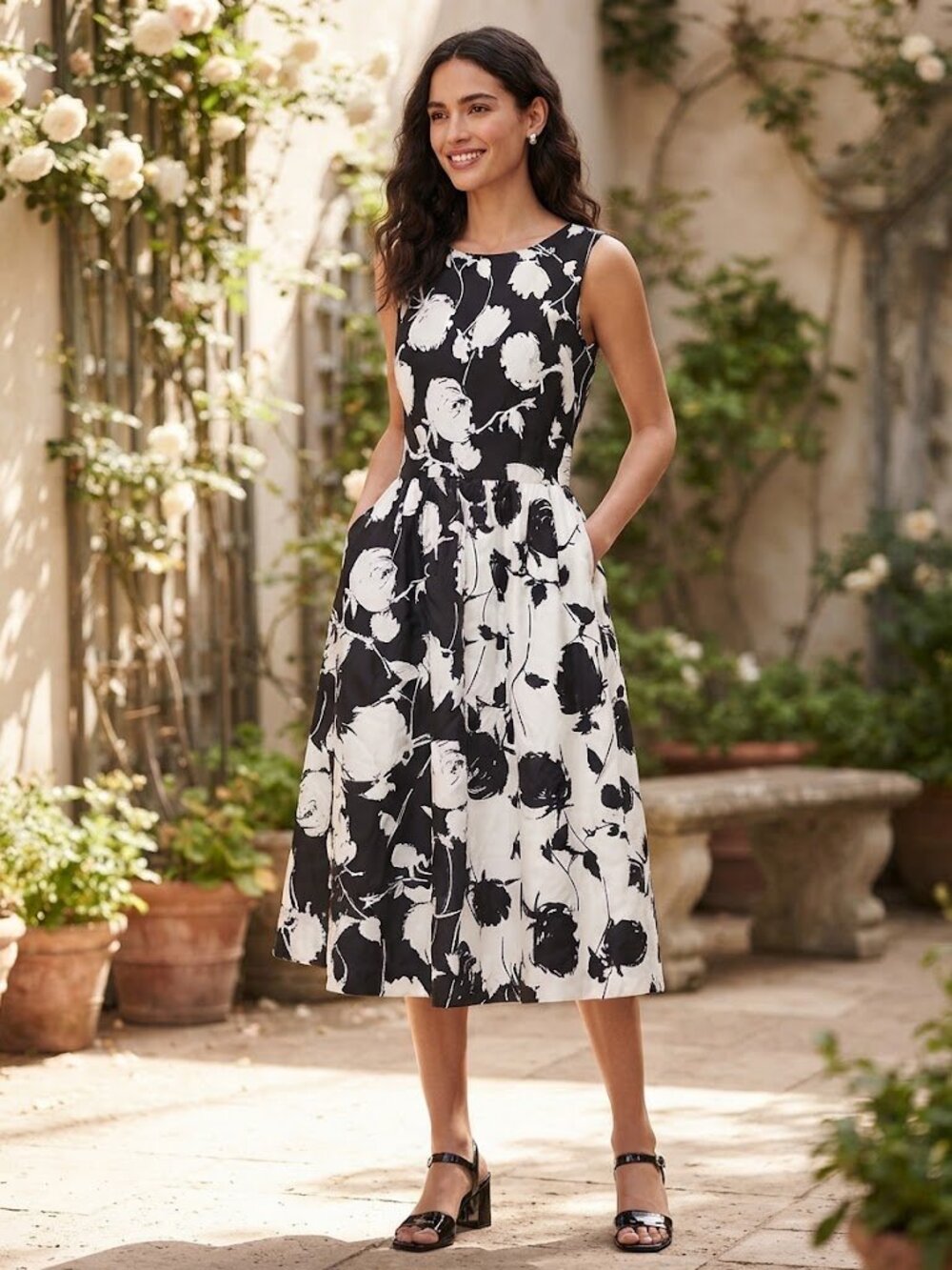 Boden Size US 8 L Midi Black White Sleeveless Dress Lined Professional Office